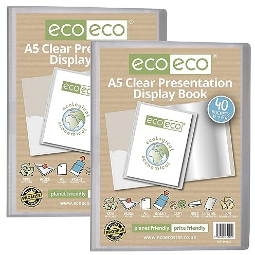 eco-eco Lot de 2 porte-vues transparents avec pochettes en plastique Format A5 50% recyclé 40 pochettes