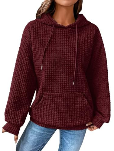 ABYOVRT Sweat à Capuche Femme Épais Hoodie 2025 Hiver Pull à Gaufre avec Poche élégant Sweat-Shirt Streetwear Manteau Sport Chemisier Fille Blouse,Bourgogne,M