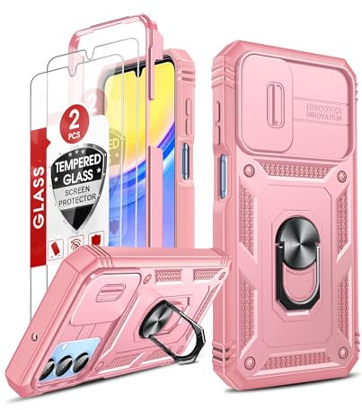 LeYi Hülle für Samsung Galaxy A15 4G/5G Kamera Schieber Schutzhülle & 2 Displayschutz Folie, Kameraklappe Militärische Rüstung Stehfunktion Handyhülle Kamera Objektivschutz Handy Hüllen Cover Rosa