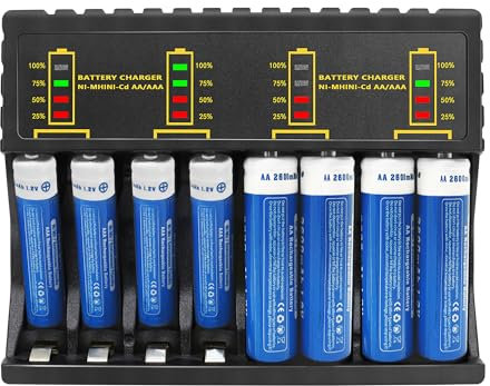 LED Display 8 Bay Battery Charger with Discharge Function for AA, AAA, Ni-Mh Ni-Cd Rechargeable Batteries,Type C and Micro USB Input(5V 2A), Fast Charging Function (4AA+4AAA)