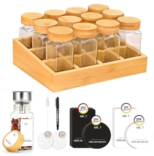 SAEIV Bamboo Organizador Cassetti Cucina, (12 x 120 ml) Barattoli Per Spezie + Portaspezie, Scaffale Cucina Set, Portaspezie Salvaspazio