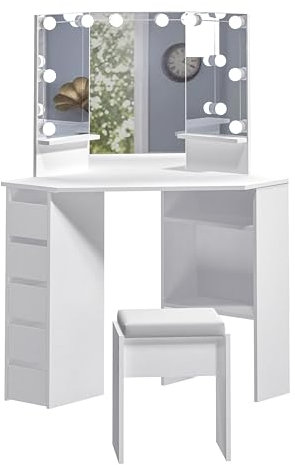 Panana Corner Dressing Table with LED Light, Vanity Table with 5 Drawers and Stool, Makeup Table for Home Furnature (White-Bulb)