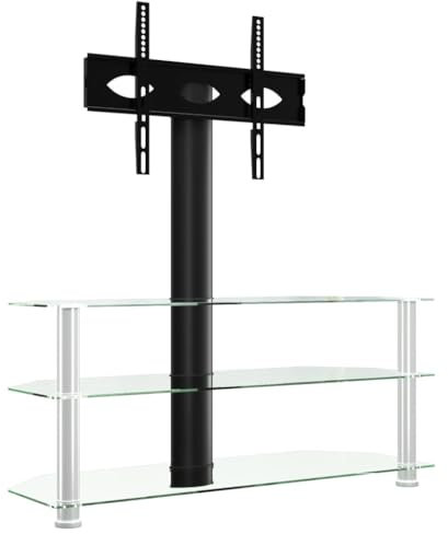 vidaXL Black and Silver TV Bracket Stand 3-Tier Glass Shelves for 32-70 TVs, Swivelling Media Cabinet with Cable Management