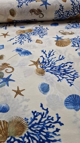 Loneta estampada Coralinna azul. 2.80 metros de ancho (1 metro de largo x 2.80 metros de ancho)