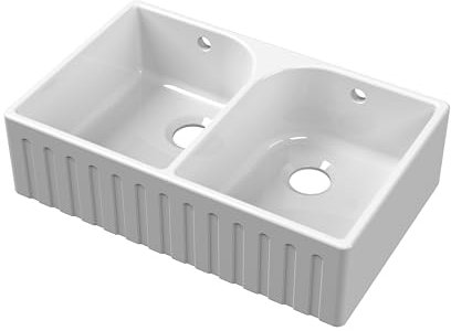 Balterley 795mm Butler White Kitchen Sink, Fluted Front Double Bowl with Overflow Hole, No Tap Hole, Durable Butler Fireclay Ceramic Kitchen Sink Bowl, Apron Front Sinks - 795 x 500 x 220mm (White)