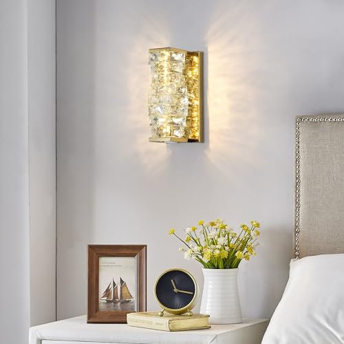 Sxtiger Moderne Kristall Wandleuchte, Tricolor Einstellbare LED Kristall Wandlampe, Für Wohnzimmer Schlafzimmer Küche Esszimmer Hotel Flur Beleuchtung (Gold)