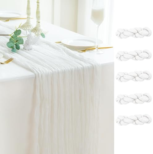 Sioloc 5 Stück Elfenbein Mulltuch Tischläufer 90x300 cm Boho Gaze Läufer für Herbstdeko, Hochzeit, Party, Baby Bridal Shower, Geburtstags Tischdekoration