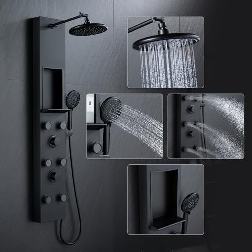 POPFLY Duschpaneel Turmsystem Verstellbare Duscharmhöhe Niederschlagskopfsystem Edelstahl Duschpaneel mit Ablage und 6 Körpermassagedüsen Badezimmer Schwarz Duschsäule Panel