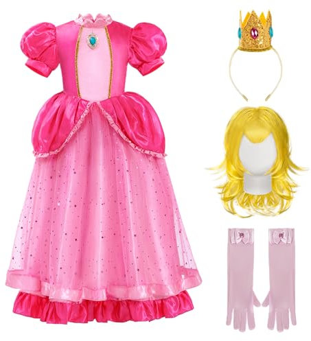 Spooktacular Creations 5 Pezzi Abito da Principessa Ragazza, Costume Rosa Pesca con Parrucca, per Compleanno, Cosplay, Festa di Halloween.(Medio (8-10 Anni))