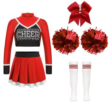 TTAO Mädchen Cheer Leader Kostüm Kinder 4Tlg Cheerleading Uniform Langarm Crop Top und Rock Karneval Fasching Party Verkleidung Rot 146-152