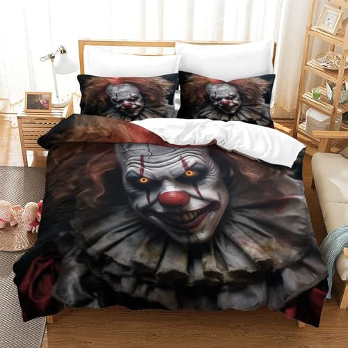 MEFESE Clown Bed Linen 3 Piece Gruseliger Horror Duvet Cover 3D Print Mikrofaser Für Kinder Teenager Erwachsene Tagesdecke Bezug with Zip Hypoallergener Hypoallergener Bedding Einzeln（140x200cm）