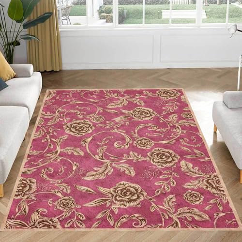 Rug-QJDDUP Teppich In-& Outdoor,Fuchsia,80 x 140 cm,Fuchsia Braun Gelb Floral Zeitgenössisches Klassisches Muster, Esszimmer, Schlafzimmer, Moderne Wohnung, Wohnmobil, Camping
