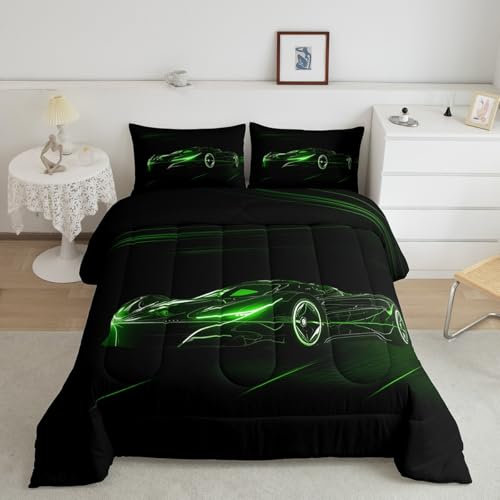 Feelyou Green Race Car Bettwäsche-Set, Doppelgröße, für Kinder, Jungen, Extremsportspiele, Bettbezug, Teenager, Kleinkinder, Fast and Furious, Trösterbezug-Set, coole moderne Tagesdecke, 2-teilig