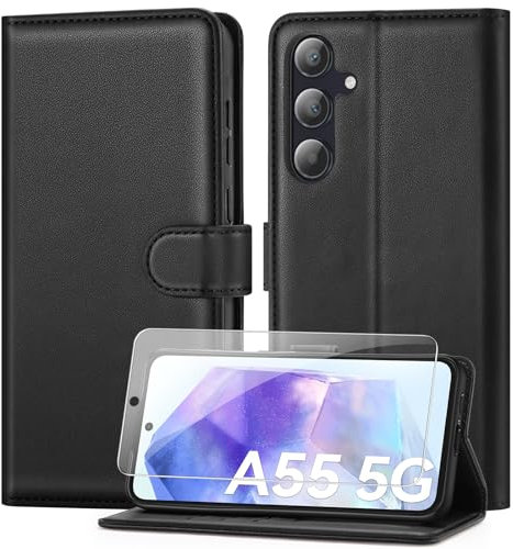 ivencase Handyhülle Kompatibel mit Samsung Galaxy A55 5G Hülle und Schutzfolie, Premium PU Schutzhülle [RFID-Blockierung] [Kartenfach] [Magnetverschluss] [Standfunktion] Flip Wallet Case, Schwarz