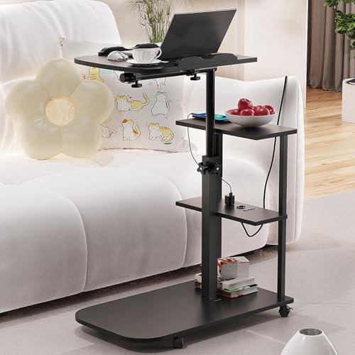 HAMHAIGO Kleiner Schreibtisch mit Rollen C-Form Beistelltisch mit Steckdose Laptoptisch Höhenverstellbar Der Desktop kann umgedreht Werden Sofatisch Kaffeetisch Schlafzimmer, Wohnzimmer