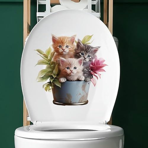 XJSDI 26 * 27CM 3PCS Cartoon Cat In Vase Self-Adhesive Toilet Lid Stickers Funny Pvc Toilet Seat Stickers For Lid Bathroom Wall Stickers