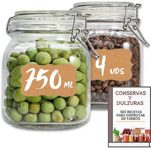 4 Tarros de Cristal Herméticos 750 ml – Tarros herméticos de Almacenamiento para Alimentos, Conservación Fresca y Organizada - Incluye Etiquetas + Ebook de 102 Recetas (0,75 litros)