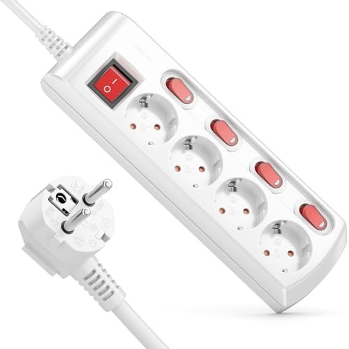 deleyCON Regleta de 4 Tomas Conmutable Individualmente Cable de 3,0m (4x Interruptor de Encendido/Apagado y 1x Interruptor Principal) Alimentación Regleta de Enchufes Base de Enchufe Múltiple - Blanco