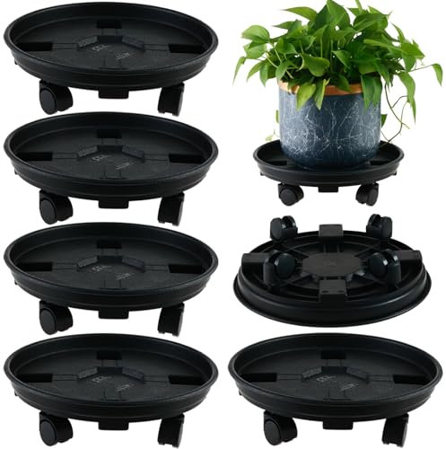 6 Packs 11.8 Inches Large Plant Caddy with Wheels Plant Saucers on Wheels Rolling Plant Stands Heavy-duty Plant Dolly Plastic Planter Roller Base Pot Movers Outdoor Plant Tray Coaster, Black