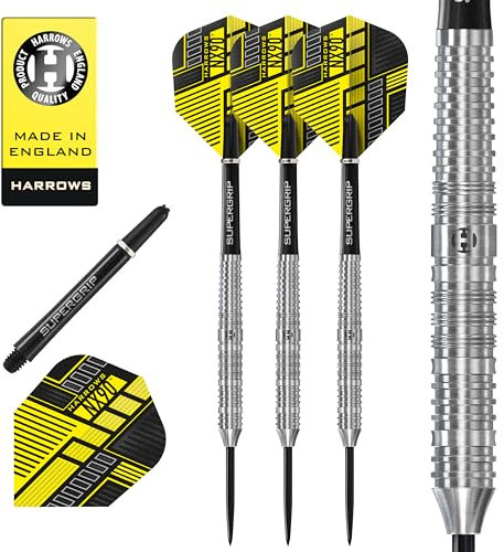 Harrows NX90 90% Tungsten Darts | Darts-Set mit Stahlspitze| 21g, 22g, 23g, 24g, 25g & 26g | Enthält Supergrip-Schäfte und 100-Mikron-NX90-Flüge (Parallel 26g)