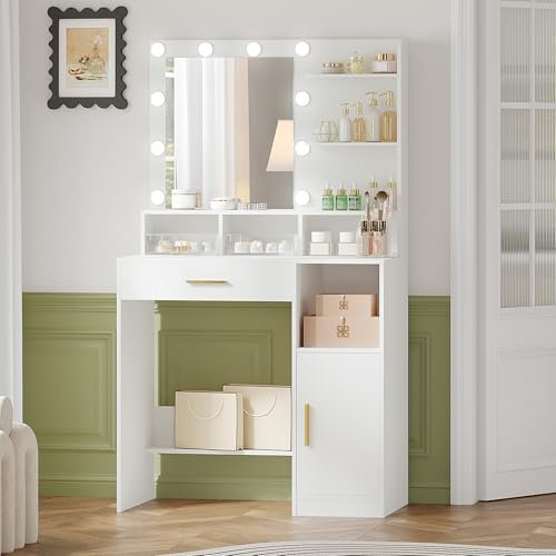 Hzuaneri Dressing Table with Mirror and 10 LED Lights, Vanity Table, Makeup Vanity with 3 Shelves & 4 Open Compartments, Large Drawer & Cabinet, Adjustable Lighting Brightness, White VT08103XUK