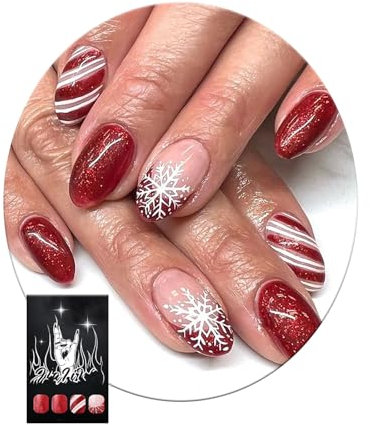 Christmas False Nail, Red Glitters Snowflakes Short Almond Winter Fake Nails, Xmas Full Cover Press on Nails for Women, 24PCS Art False Nails Kit Manicure with Jelly Adhesive Tape