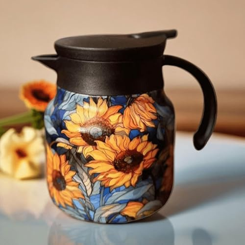Puwaiio Thermo-Teekanne mit Teesieb und Vintage-Blumenmuster | Isolierte Kaffeekanne aus Edelstahl | 800 ml, Sonnenblume