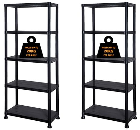 Crystals 2 X 5 Tier Plastic Shelving Unit | Durable Black Storage Shelves | Heavy Duty Plastic Racking Shelving | Multipurpose Shelve for Garage, Workshop, Sheds, Warehouse, and Office