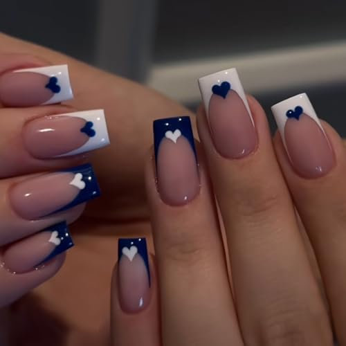 24Pcs Fake Nails, Press - On False Nails, Short To Medium Square Shape, Blue And White Plastic With Heart - Shaped Design, Blue Heart Pattern-, Reusable Nails