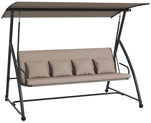 Outsunny 2 in 1 Hollywoodschaukel mit Liegefunktion, 3-Sitzer Gartenschaukel aus Stahl Schaukelbank mit verstellbarem Sonnendach Kissen, Gartenliege 270kg belast für Terrasse, 170x110x153cm, Hellbraun