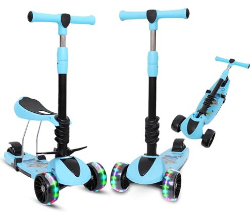 Habib Gruppe 3-in-1 Kinderroller mit Sitz - Dreirad Tretroller, Faltbar, Höhenverstellbar, LED Räder, Kinderroller ab 3 Jahren (Bis 50kg) - Blau