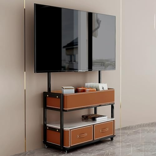 HADECOLL Mobile Tv Cart, Mobile Tv Stand For 50-90 Inch Tvs, Rolling Tv Stand With Wheels And 2 Drawer, Saddle Leather Floor Tv Stand, Tv Stand Mount With Adjustable Bracket,Orangeone Size