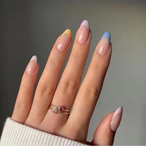 24PCS Short Almond Press On Nails – Rainbow French Tips with Nail Glue, Colorful Fake Nails for Women, Stick-On Nail Kit with Tools