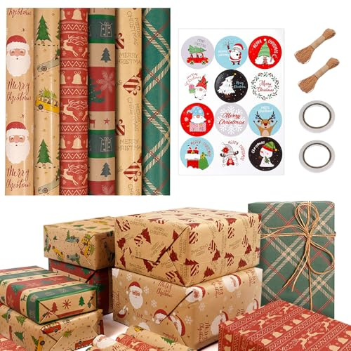 JOYSAL Lot de 6 Rouleaux de Papier Cadeau de Noël 43 x 300 cm en Papier Kraft Recyclé Respectueux de L'environnement pour Noël pour Les Fêtes de Fin D'année