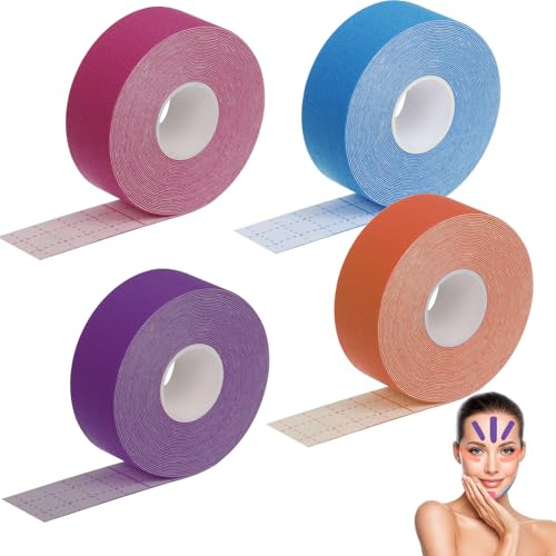 4 Pièces Anti Rides Visage,Face Lifting Tape,2.5cm x 5m Patches Faciaux pour Raffermir la Peau,Quatre Couleurs Disponibles(Violet,Bleu Royal,Rose Rouge et Orange)