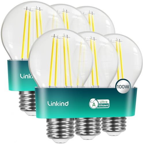Linkind E27 LED Bulb, Ultra-efficient A-Rated 7.2W=100W Equivalent, 2700K Warm White 1521lm, Edison Screw in Light Bulb, Clear Glass Vintage Filament LED Bulb, 50000H Lifespan, 6 Pack