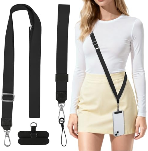 HONZUEN Cordon Telephone Portable Réglable, Bandouliere Telephone Portable Universelle et Bracelet avec 2 Patch, lanyard et Dragonne Téléphone, Cordon Tour de Cou pou Tous Smartphones, Noir