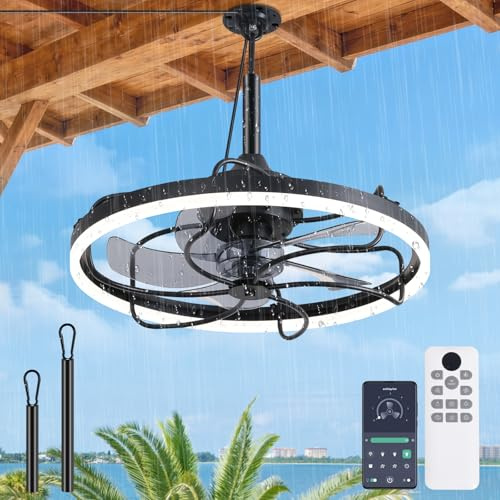 POWORL Deckenventilator IP44 Wasserdicht 6 Wind Umkehrbar Dimmbar 3 Farbige LED Lampe mit Ventilator2 Stangen Design Langes Kabel App für Innenhöfe Terrassen Deckenlüfter Außenbereich