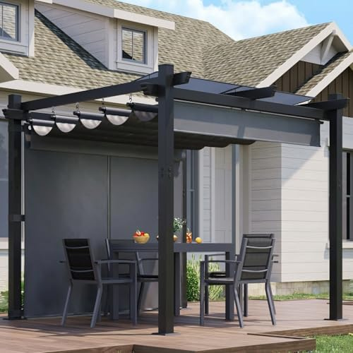 JUMMICO Aluminium Pavillon, 3 × 3 m, mit Verstellbarer Aluminium-Markise und seitlichen Sonnensegel, für Terrasse und Garten, schützt vor Sonne und Regen, langlebig, Grau