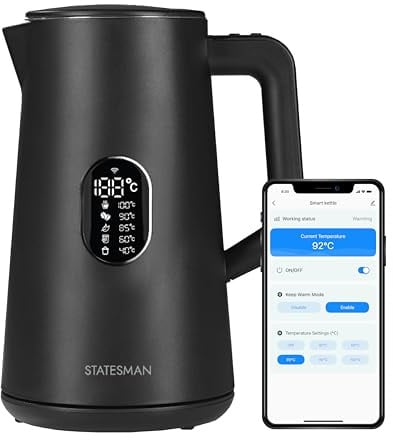 Statesman 1.5L Smart Digital Kettle, 1800W Fast Boil, Temperature Control with Display, 5 Preset Settings (40–100°C), 2-Hour Keep Warm, App & Alexa Control, 360° Cordless Base, Boil Dry Protection