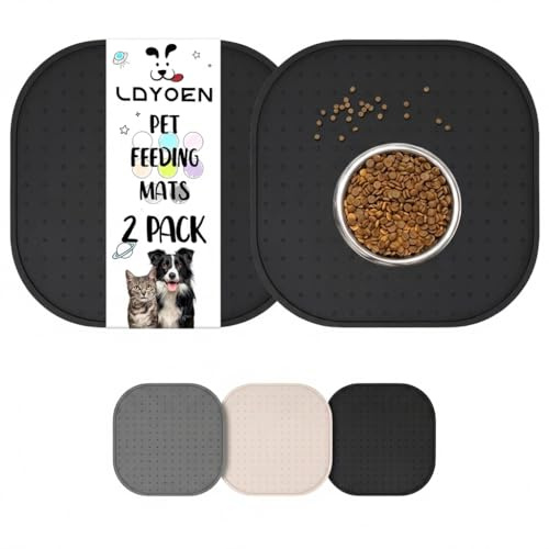 LDYOEN 2 Stück Napfunterlage für Hund Katzen, Quadratische Hundenapf Katzennapf Unterlage aus Silikon, Hunde Katzen Futtermatte wasserdichte und rutschfeste Fressnapf mit Rand, 30x30cm, Schwarz