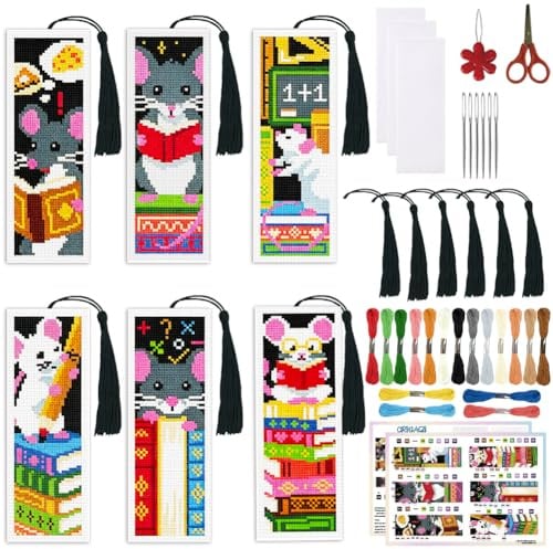 ORIGACH 6 Set Bookish Reading Mouse Cross Stitch Bookmark Kit for Beginner | 11CT DIY Stamped Embroidery Bookmark Kit with Backing Felt Tassel Floss Instructions for Adults, Book Lovers