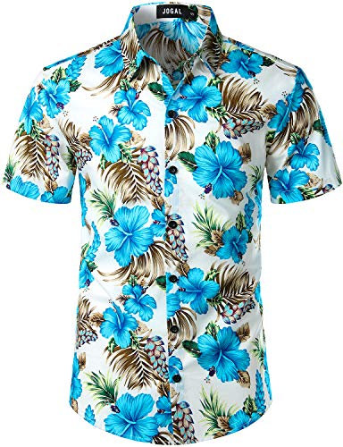 JOGAL Men's Flower Casual Button Down Short Sleeve Hawaiian Shirt Large UK-A335 BlueHibiscus