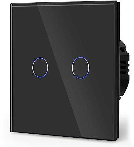 BSEED Touch Light Switch,Standard Touch Sensitive bathroom Switchs,Tempered Glass Panel with LED Backlight, No Neutral Wire Needed,2 Gang 1 Way,Black 86mm