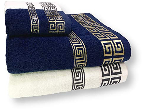 HOMEALOO® 4-TLG. Handtuch-Set Premium Flauschige Baumwolle 2 Badetücher 2 Handtücher Dekorativ Medusa (Blau Gold/Weiß Grau)