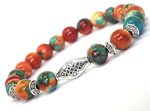 Zen-Ethno-Armband für Damen mit rekonstituierten blauen, orangefarbenen, braunen und weißen Jade- und tibetischen Perlen