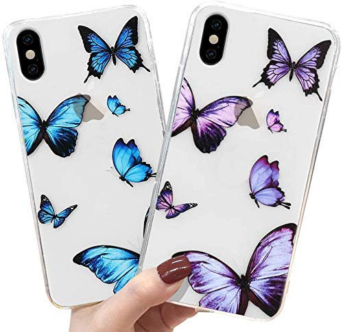 LLZ.COQUE 2 Pack Hülle für iPhone Xr Handyhülle Schmetterling Klar Schutzhülle Transparent Butterfly Case Backcover Schmetterling Hülle für iPhone Xr Blau&Lila