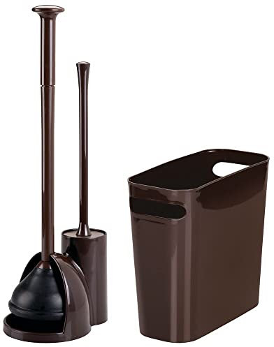 mDesign Kompakte, freistehende 2-in-1-Toilettenschüsselbürste, Kolben und Abfalleimer, aus Kunststoff, für Badezimmer, robust, tiefenreinigend, Dunkelbraun, 3 Stück