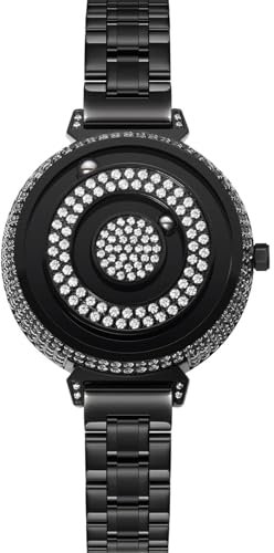 EUTOUR Damenuhr Magnet Uhr kein Glas Kugellager Uhren Quarz Luxus Eleganz Diamant Armbanduhr mit Edelstahl Armband Schwarz 36 mm