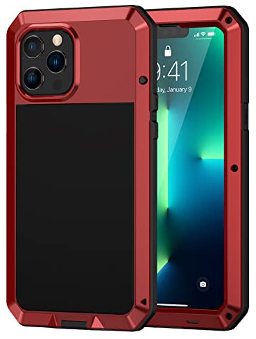 Lanhiem for iPhone 13 Pro Case Heavy Duty Shockproof Cover Tough Armour Metal Case with [Tempered Glass Screen Film], 360 Full Body Protective Case Cover for iPhone 13 Pro - Red